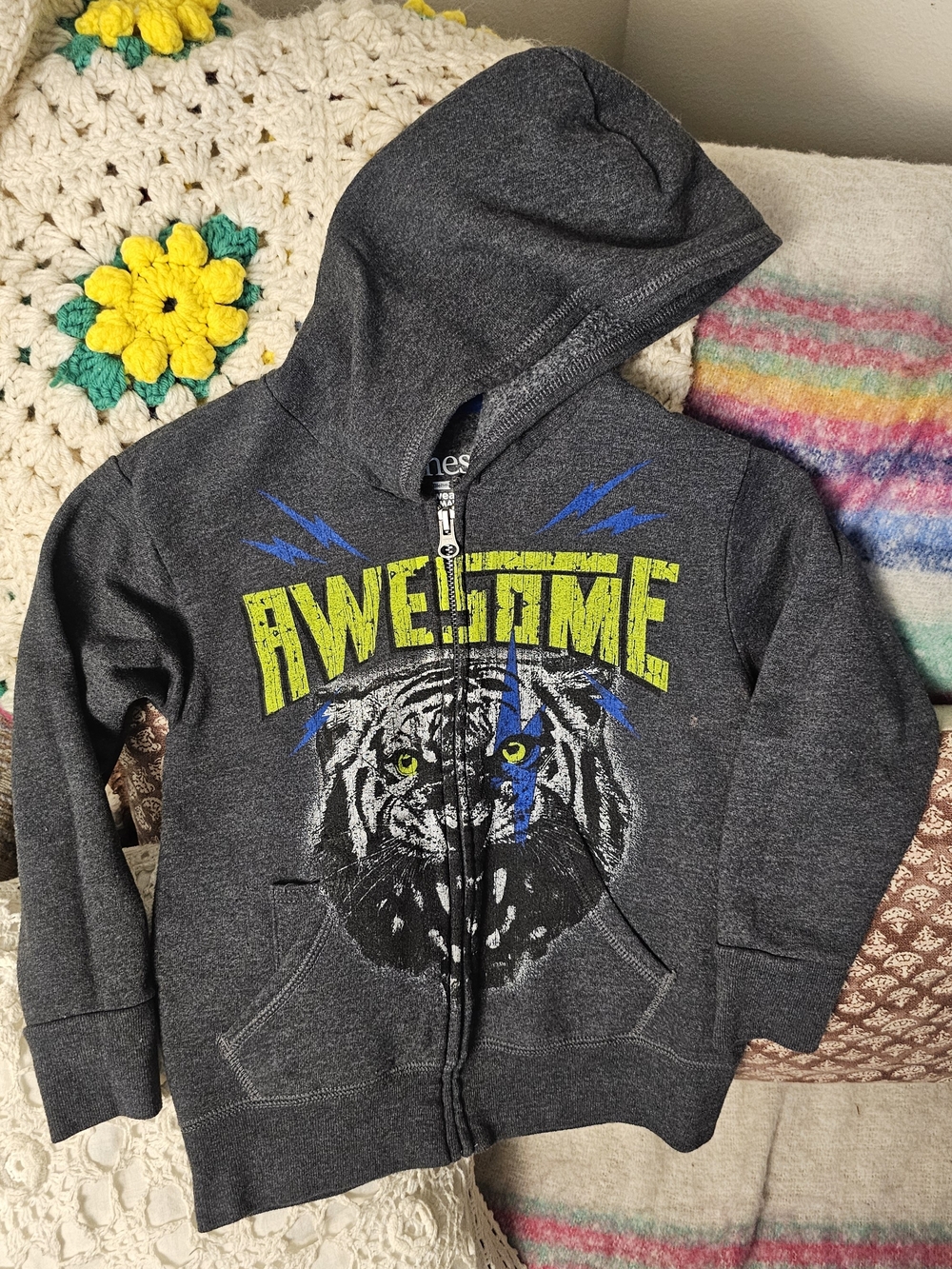 Hanes Boys XS Gray Awesome Tiger Graphic Zip Hoodie Neon Blue Green